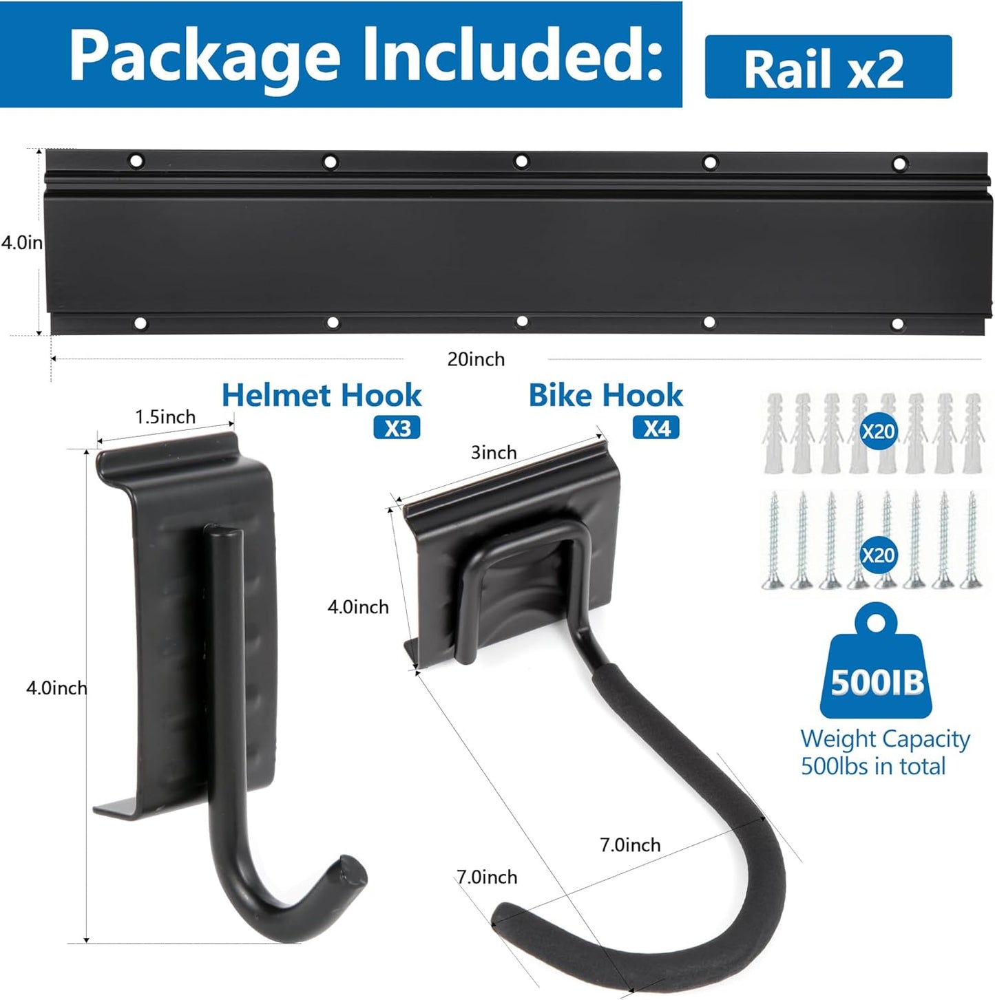 Fahrrad-Wandhalterung für 4 Räder + Helme, 4 Fahrräde -20Zoll - 2 Schienen+3 Helmhaken