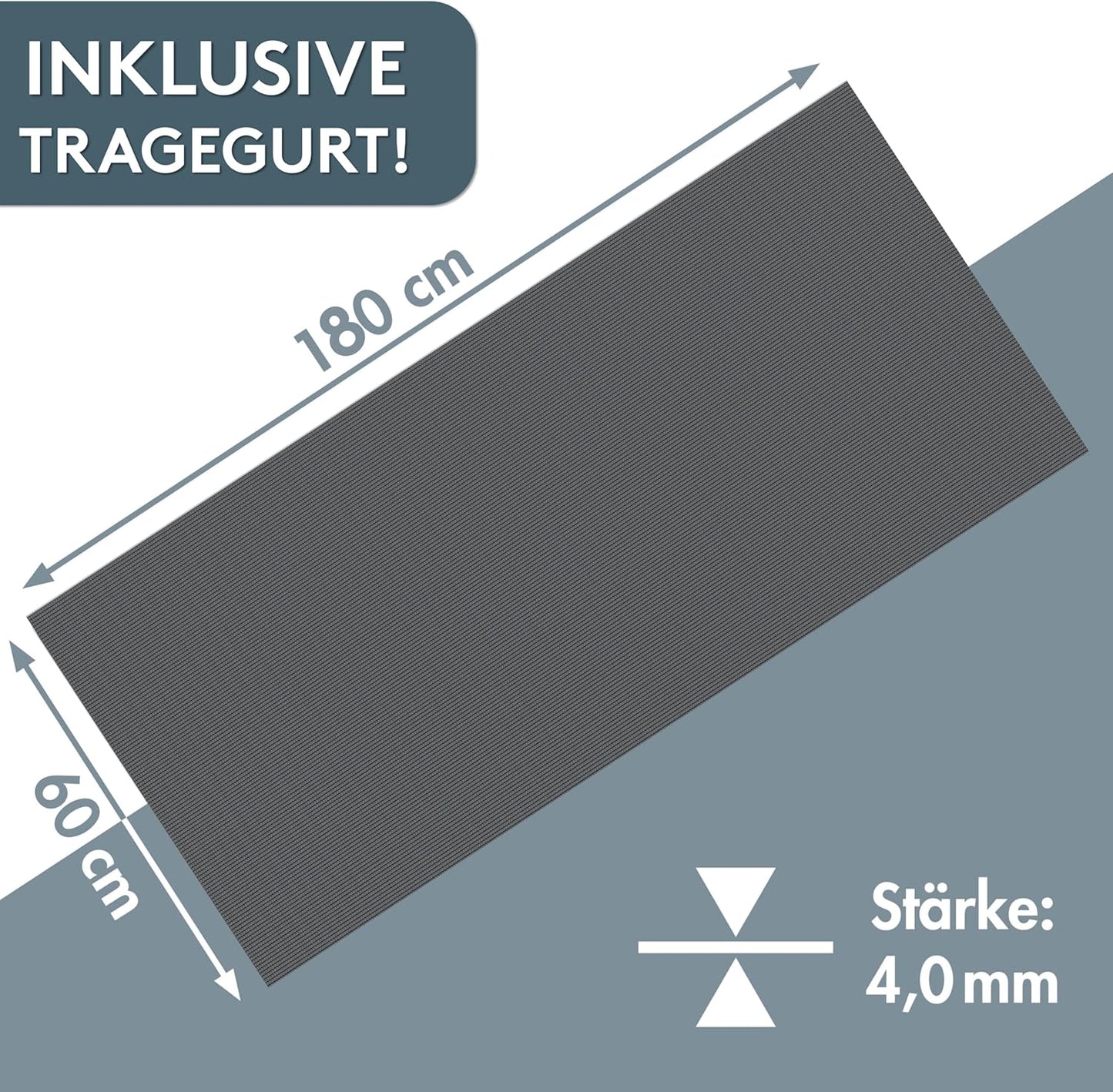 Yoga- und Gymnastikmatte mit Tragegurt, 60 x 180 cm Grau