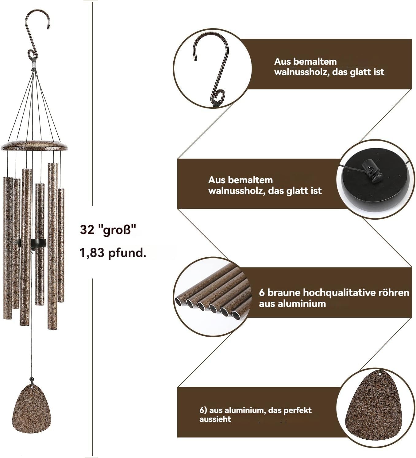 Hängendes Windspiel, 32" Kaffee