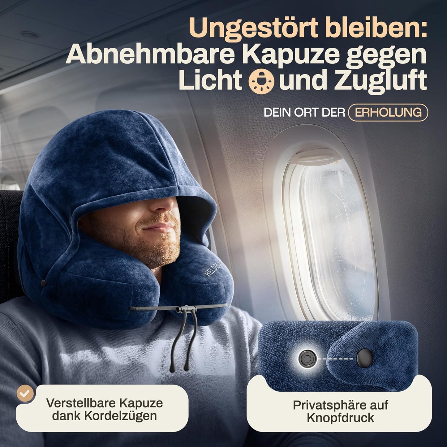 Aufblasbares Nackenkissen mit abnehmbarer Kapuze, Grösse L, Navy Blue Gross - passt den meisten