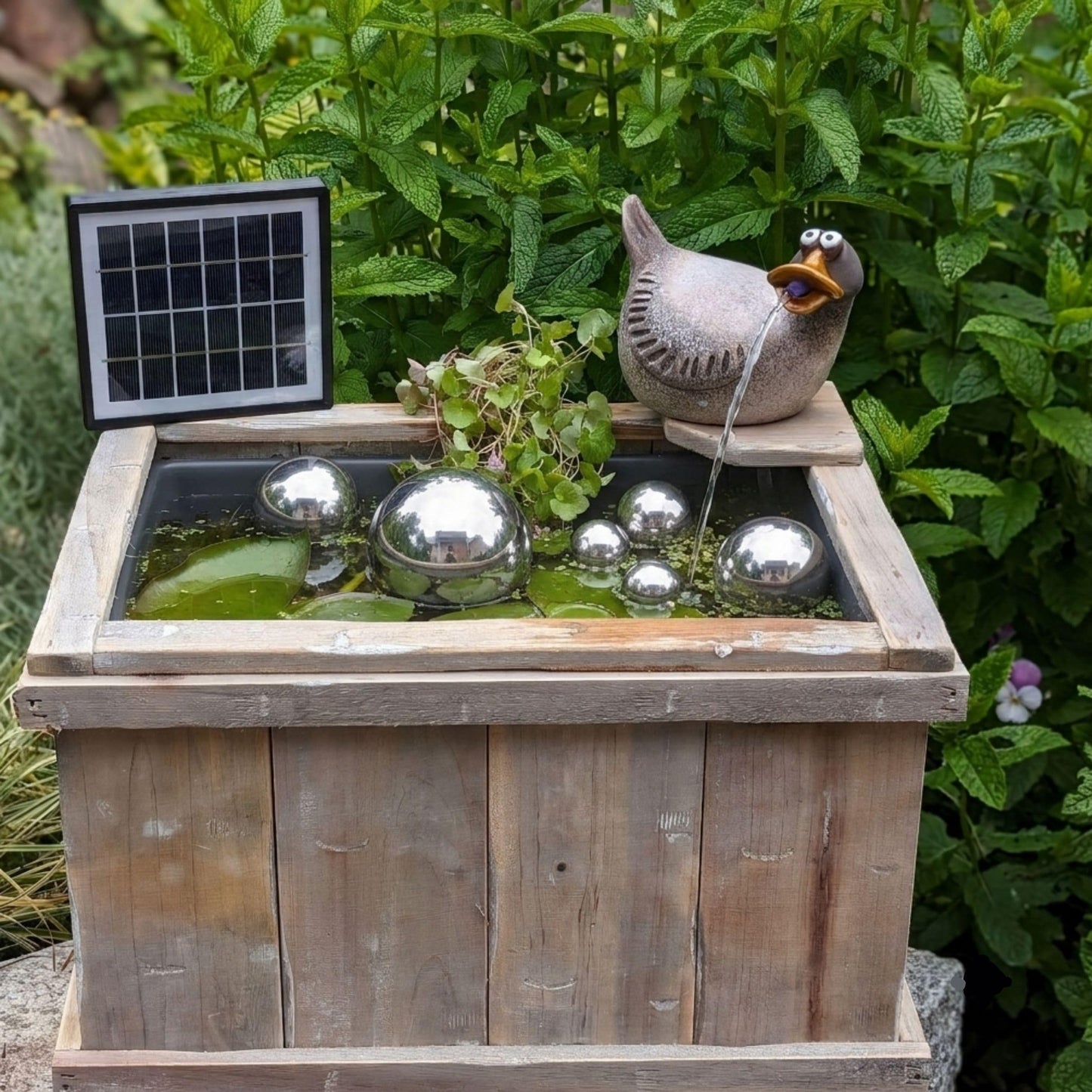 Holzkiste mit Wasserspeier Ente & Solar-Wasserpumpe