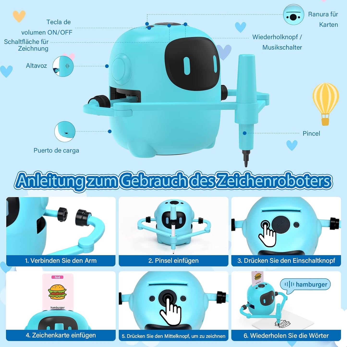 Zeichenroboter mit 100 Karten & Stift, Blau