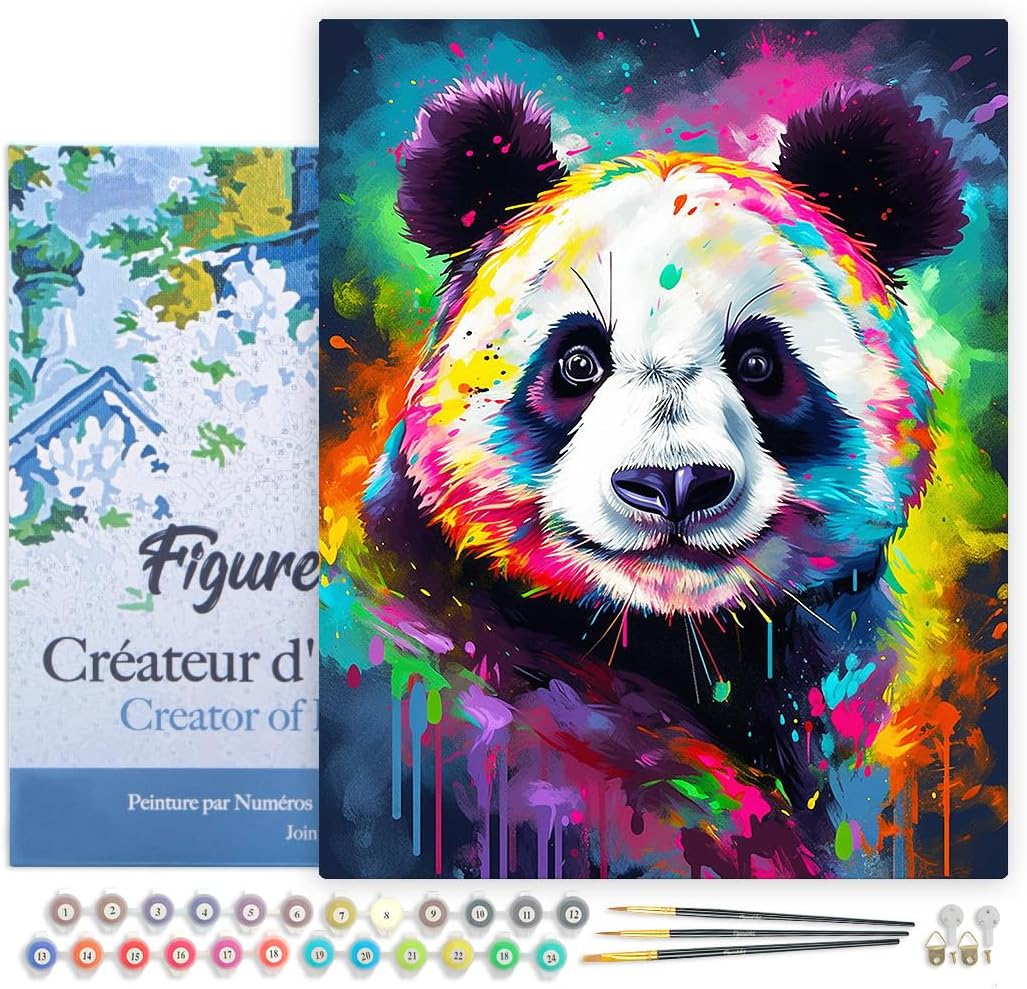 Malen Nach Zahlen Set mit Rahmen (Panda Abstrakt) 40x50cm, Panda Farbenfroh Abstrakt 40x50cm Mit Rahmen (bereits gespannt)