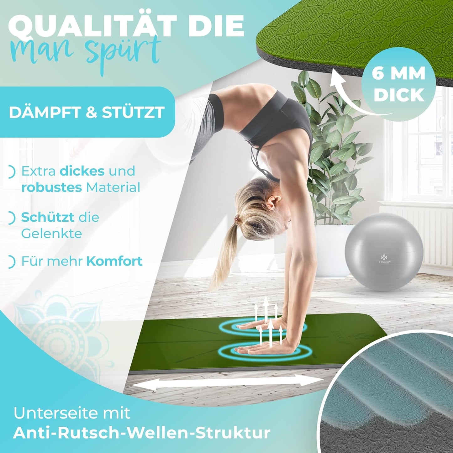 Rutschfeste Gymnastikmatte mit Tragegurt, Grün