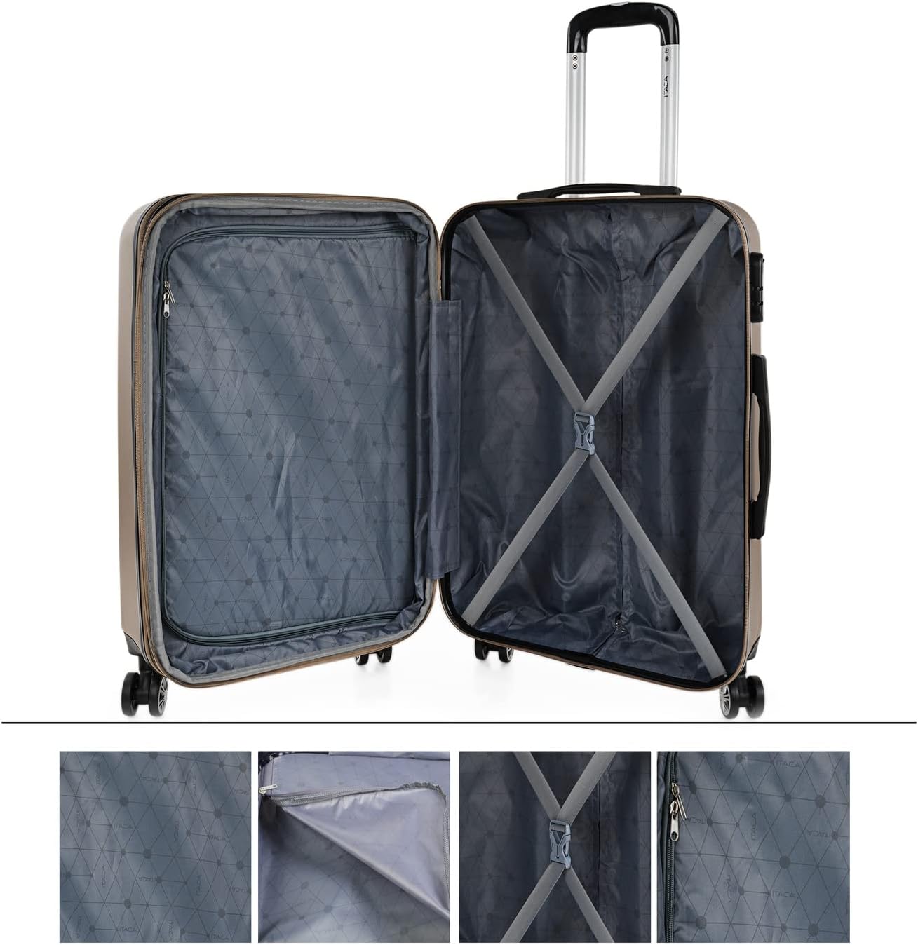 Hartschalenkoffer mit Beautycase, erweiterbar & Zahlenschloss, Champagner L + XS