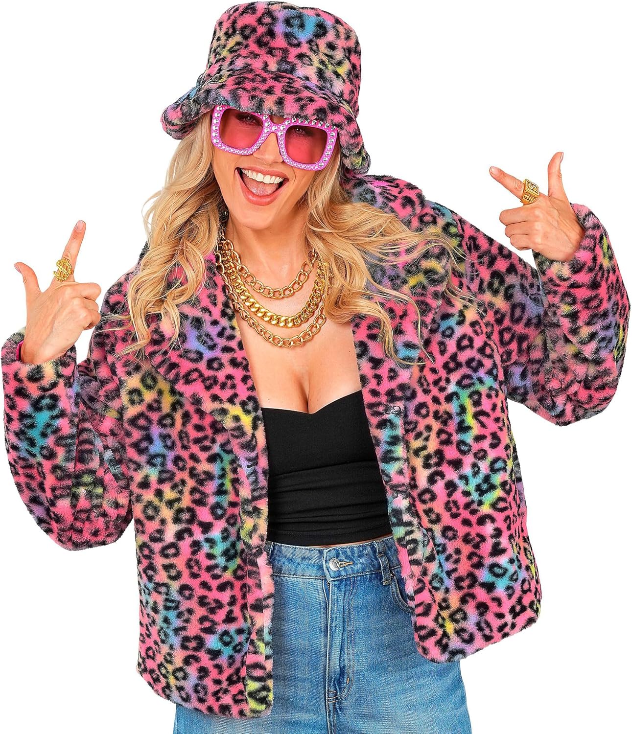 Bunte Animalier Plüschjacke, Bunt - Leopardenmuster L-XL