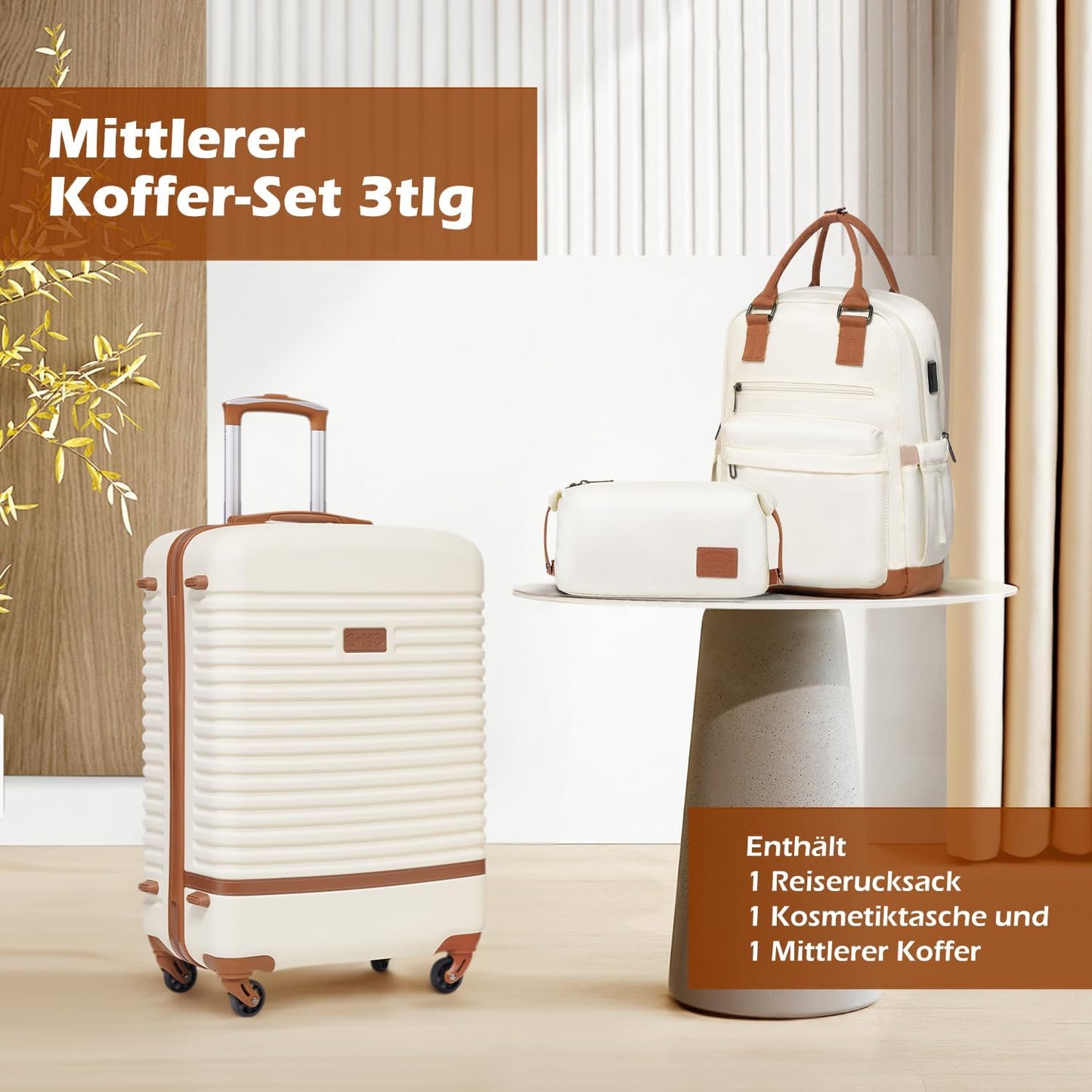 3-teiliges Kofferset, Mittlerer Koffer-Set 3tlg Weiss/Braun