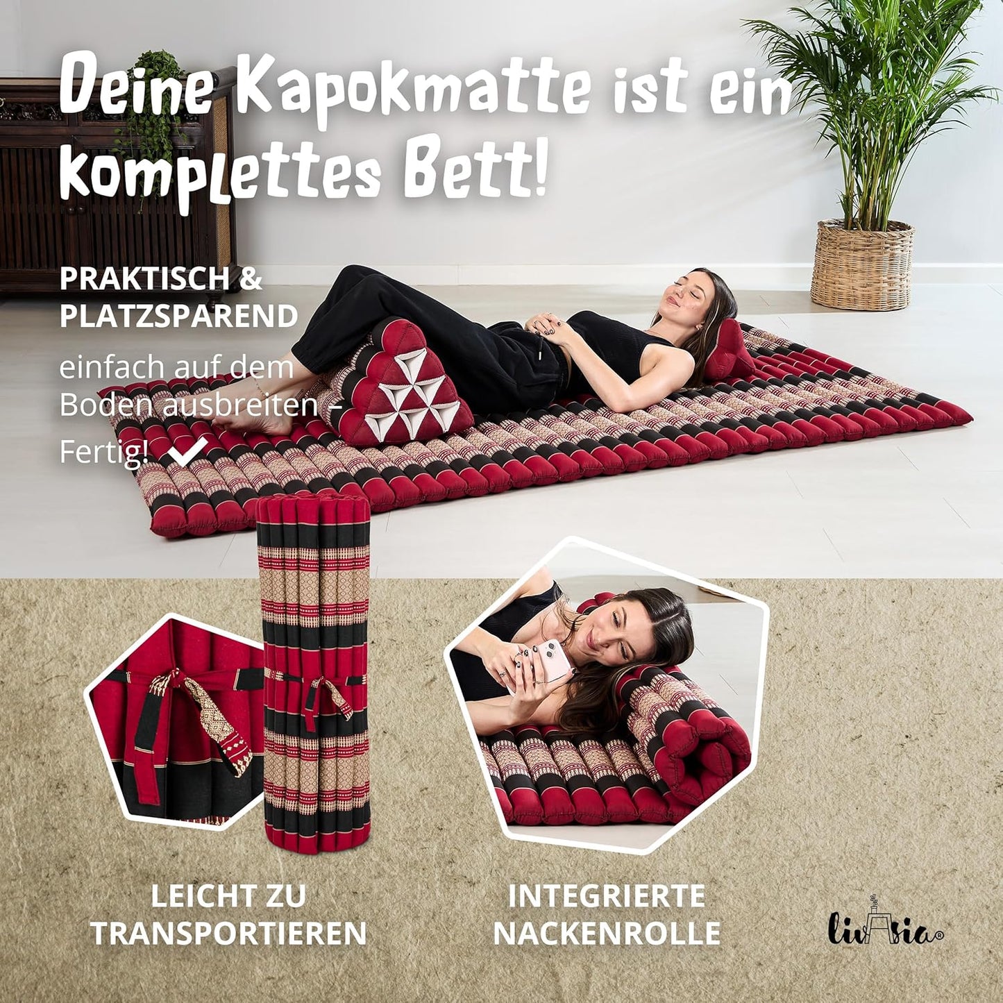 Rollmatratze 200x110 cm, L (200 x 110 cm) Rot/Schwarz