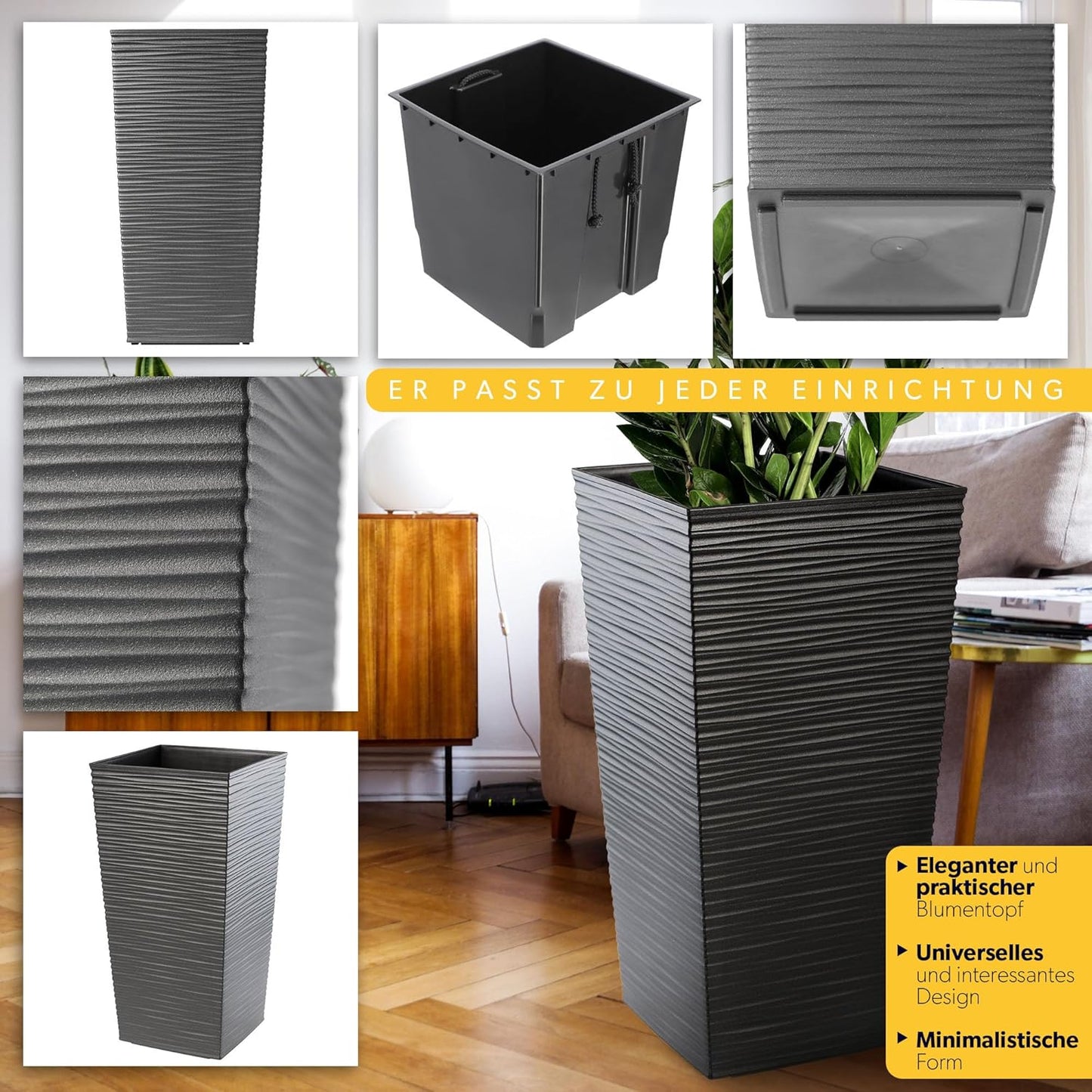 Pflanzkübel mit Innentopf für Garten & Balkon, 68cm Höhe|Grafit