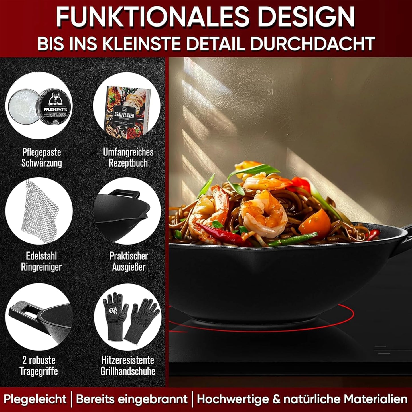 Gusseisen Wok Pfanne, 35 cm, mit Grillhandschuhen, Wok Pfanne mit Pflegepaste 35cm