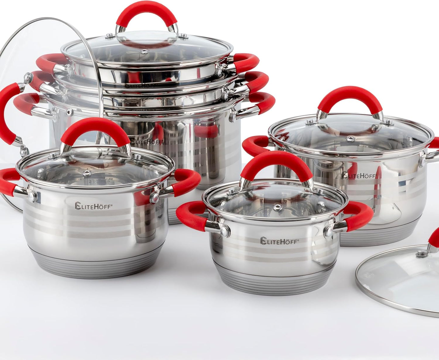 Topfset Induktion 12-teilig mit Glasdeckeln, E-4028