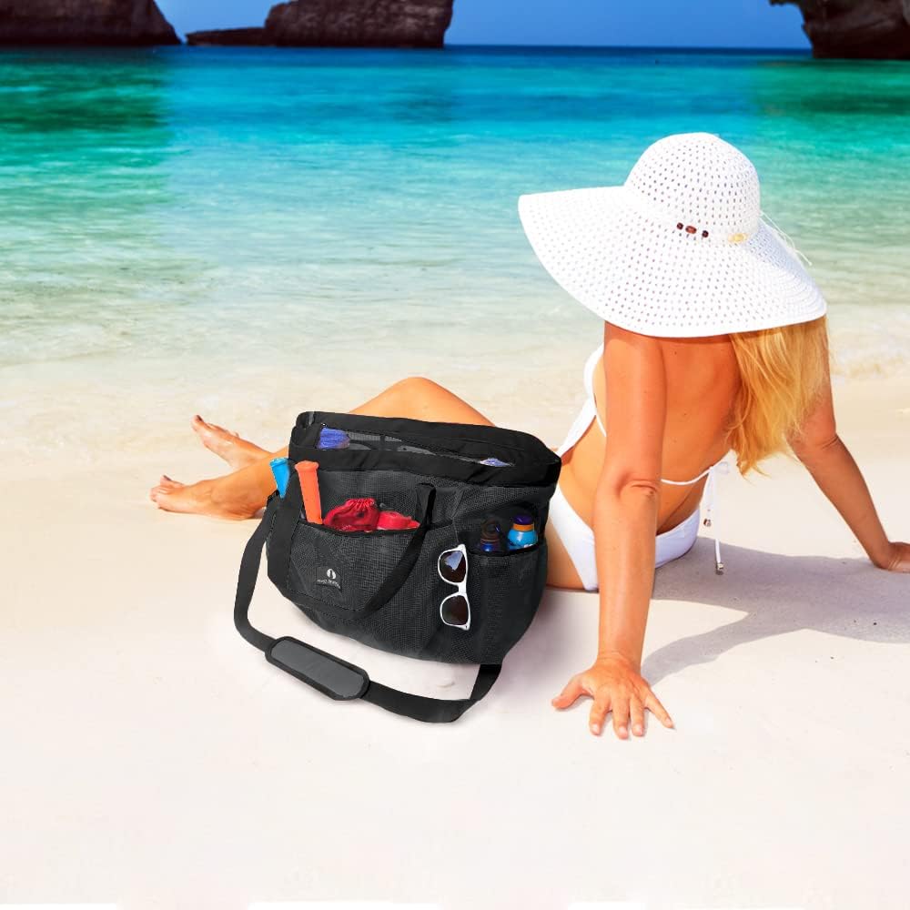 Netz-Strandtasche für den Strand, Schwarz / Schwarz