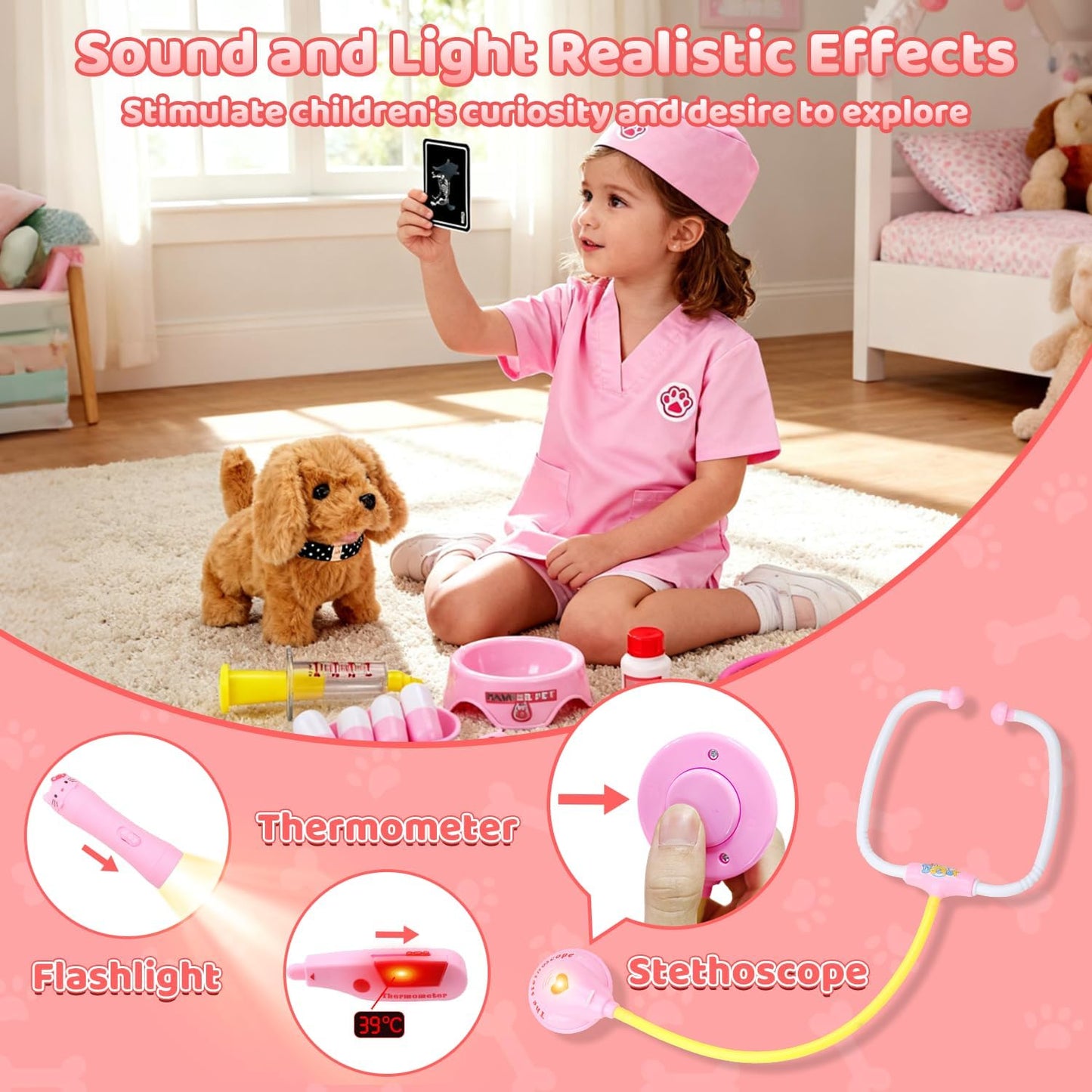 Tierarzt-Spielset mit interaktivem Hund, 31PCS Pink