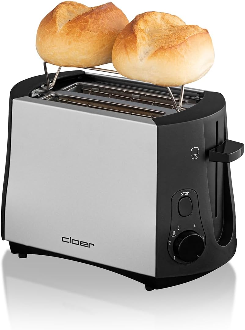 Toaster mit Brötchenaufsatz und Krümelschublade, Mattiertes Metallgehäuse / 2 Scheiben