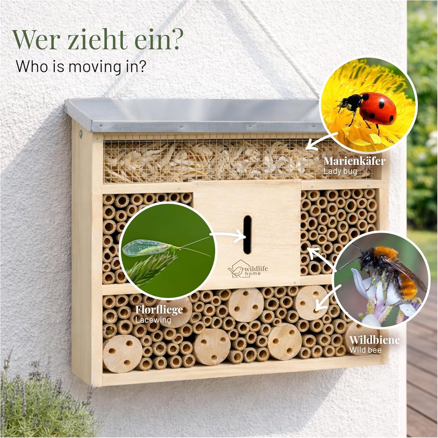 Insektenhotel mit Metalldach für Wildbienen, Wildbienen-Villa (Metalldach)