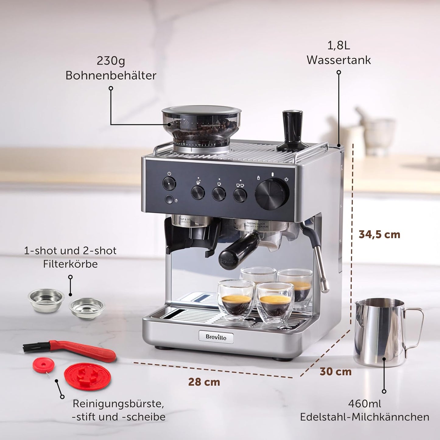 Espressomaschine mit Kaffeemühle und Milchaufschäumer, Barista Classic