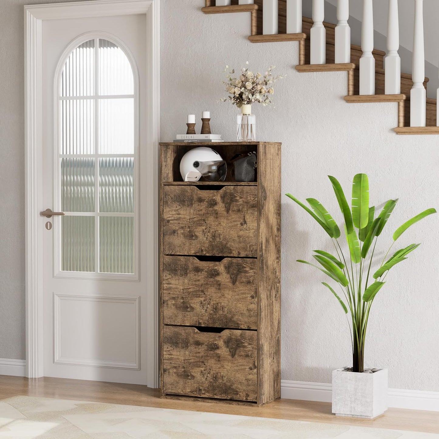 Schuhschrank mit 3 Klappen, ultraschmal (24 cm), Rustikales Braun