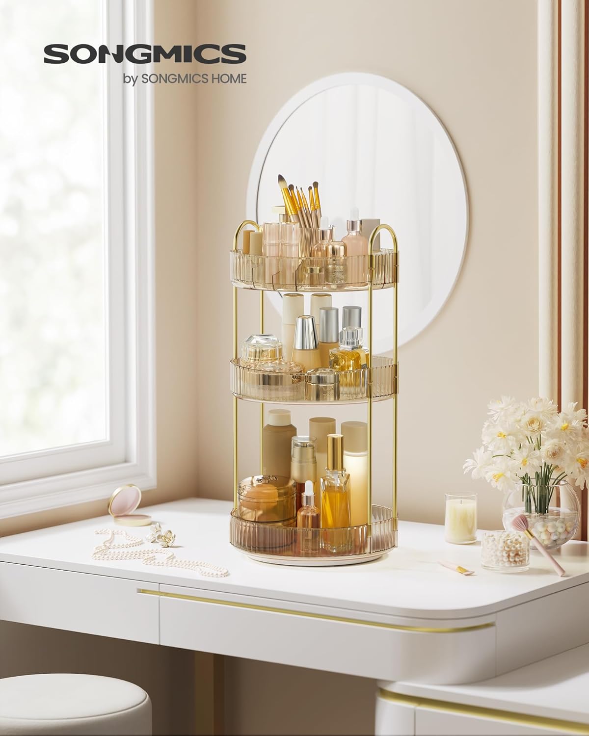 Drehbarer Make-up-Organizer, 3 Ebenen, anpassbar, Champagnergold 3 Ebenen (46H cm)