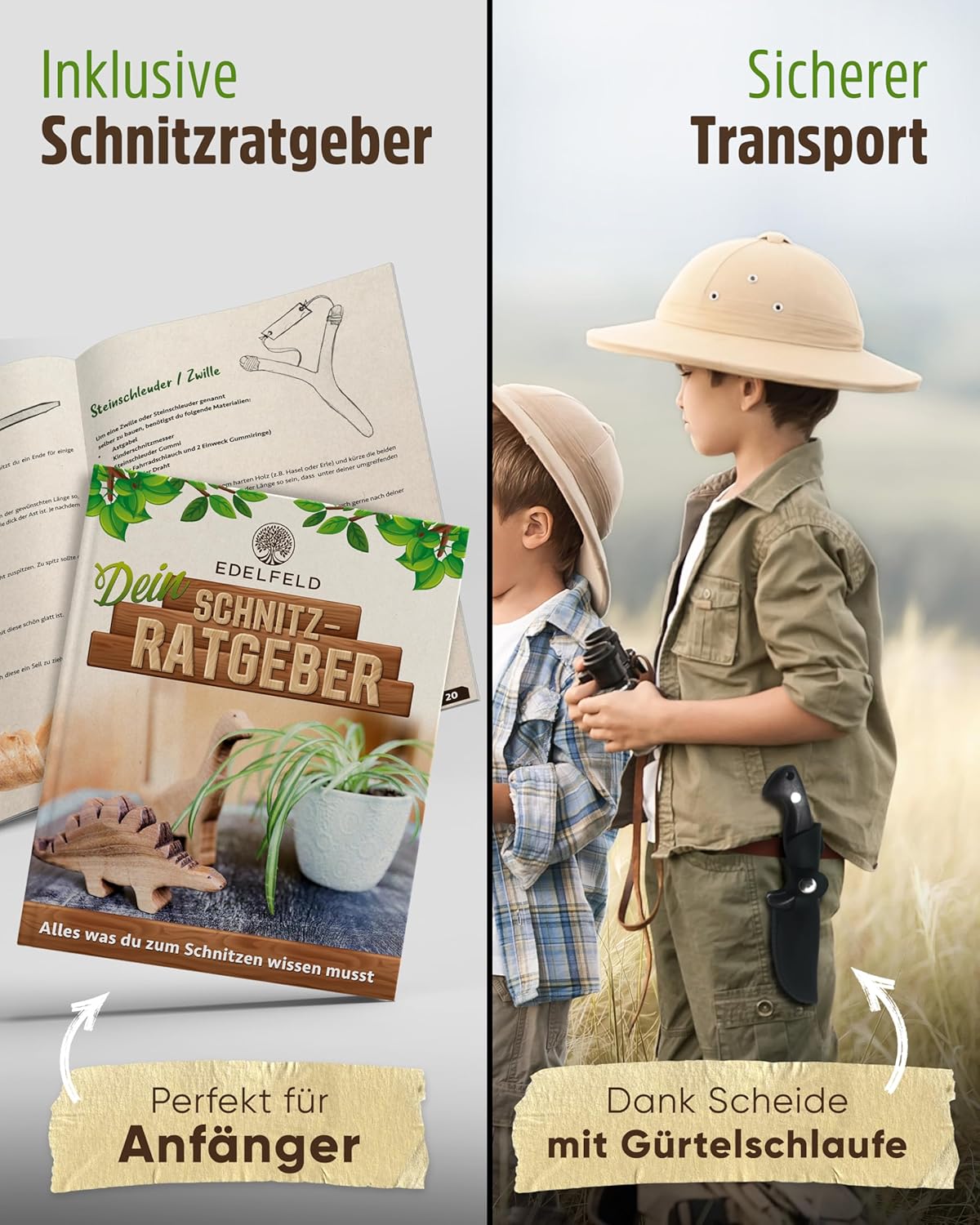 Kinderschnitzmesser mit Schnitzbuch, Exklusiv - Schwarz (Vollholz)