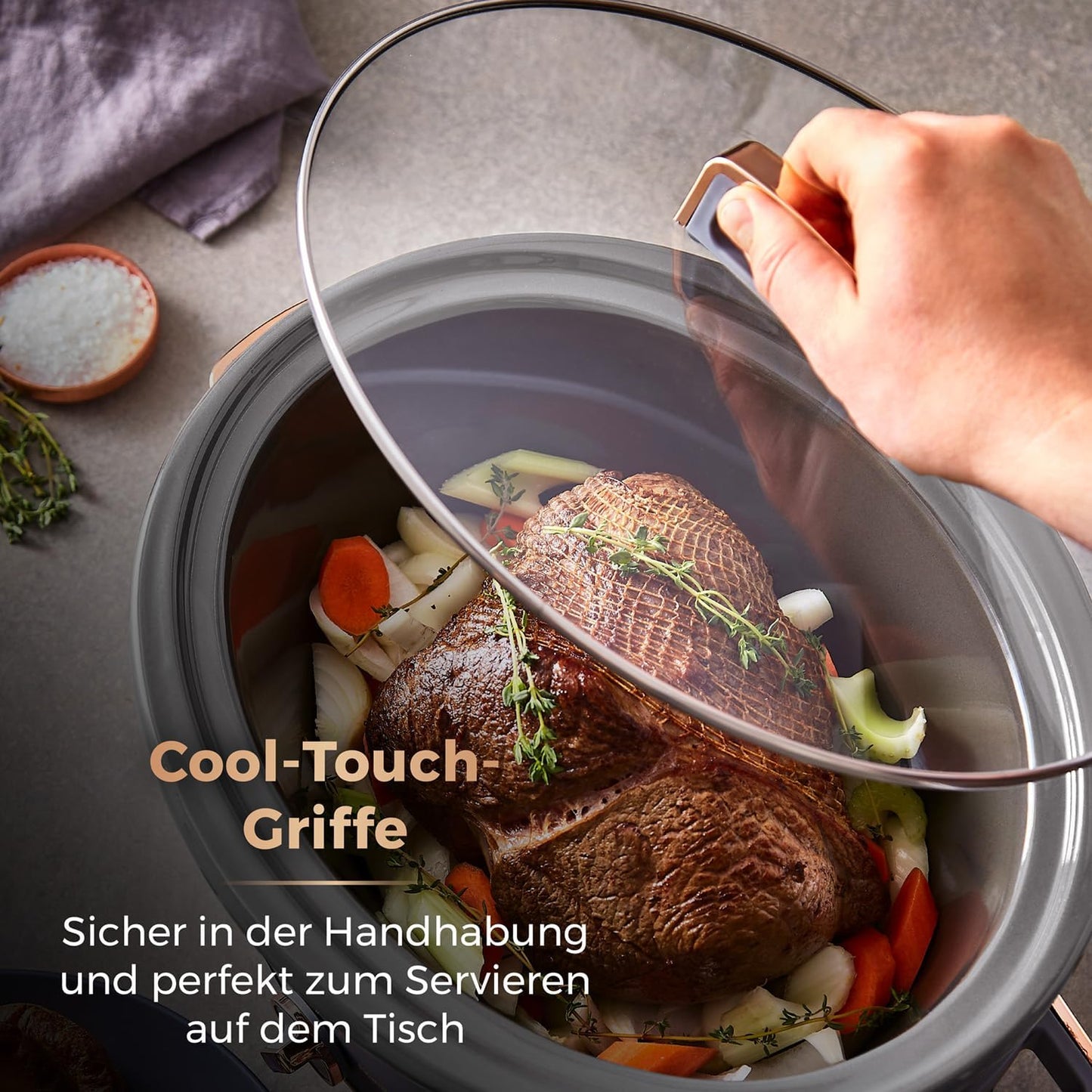 Schongarer mit 3 Wärmestufen, 6,5 l Slow Cooker Grau