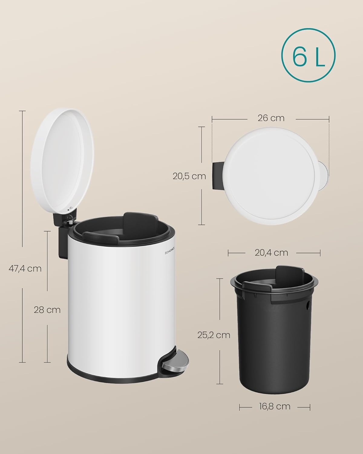 Kosmetikeimer mit Softclose-Deckel, wolkenweiss 6 L