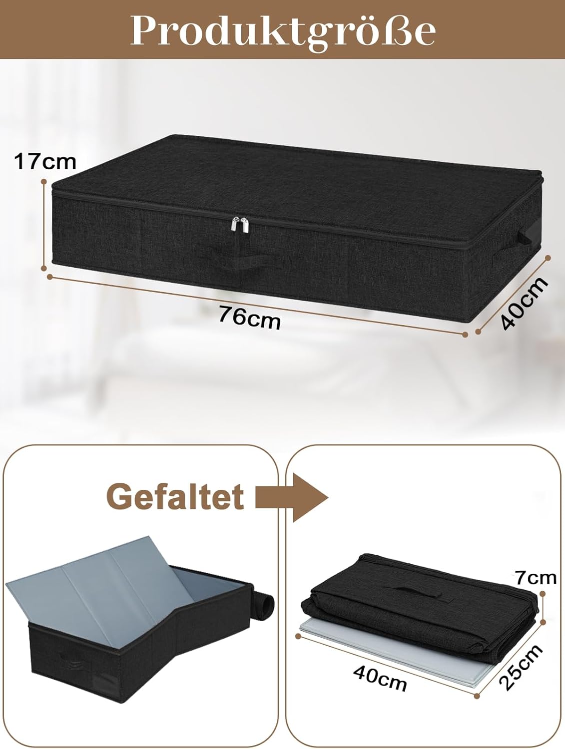 Faltbares Unterbett-Aufbewahrungsboxen Set, 3pcs-black