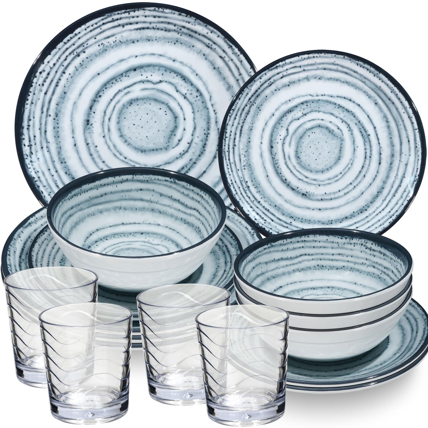 Melamin Geschirrset für 4 Personen (16-teilig), 16 Teile - Trinkglas 250ml klar