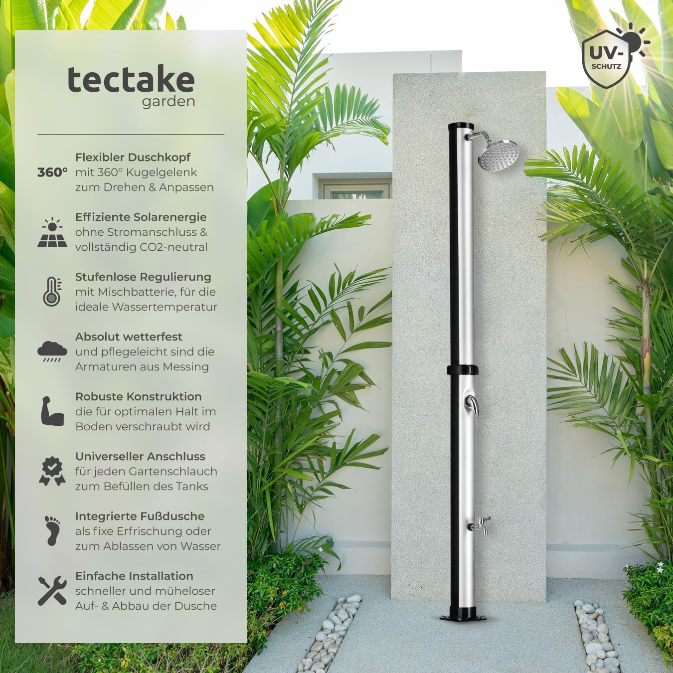 Solardusche mit grossem Duschkopf und Wasserhahn, 20 L Schwarz-Silber