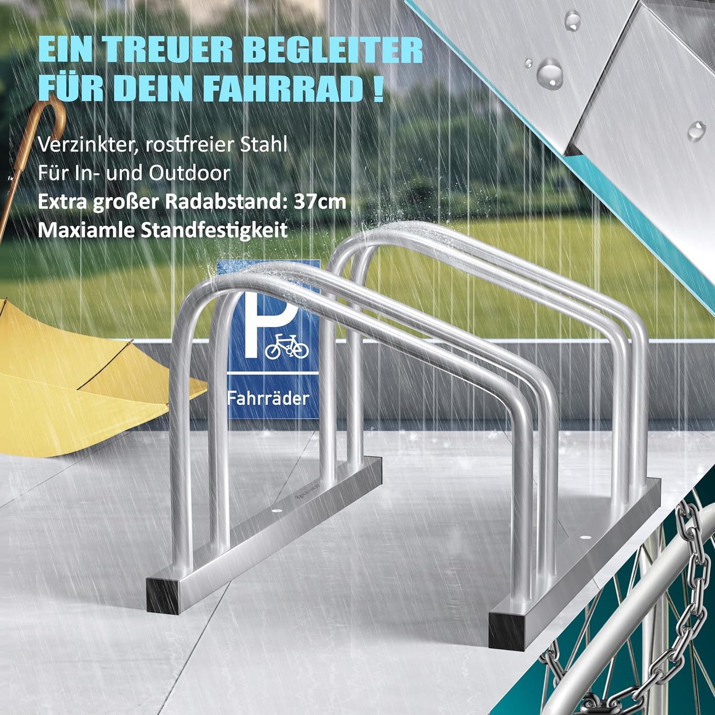 Veloständer für 4 Räder mit Parkschild, Silber / 4 Fahrräder
