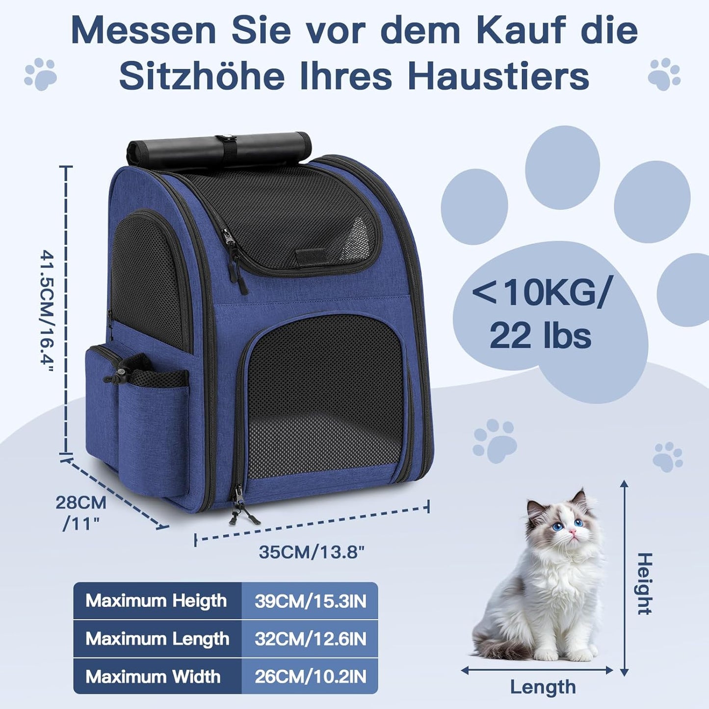 Hunderucksack bis 10kg mit Netzfenster, Blau
