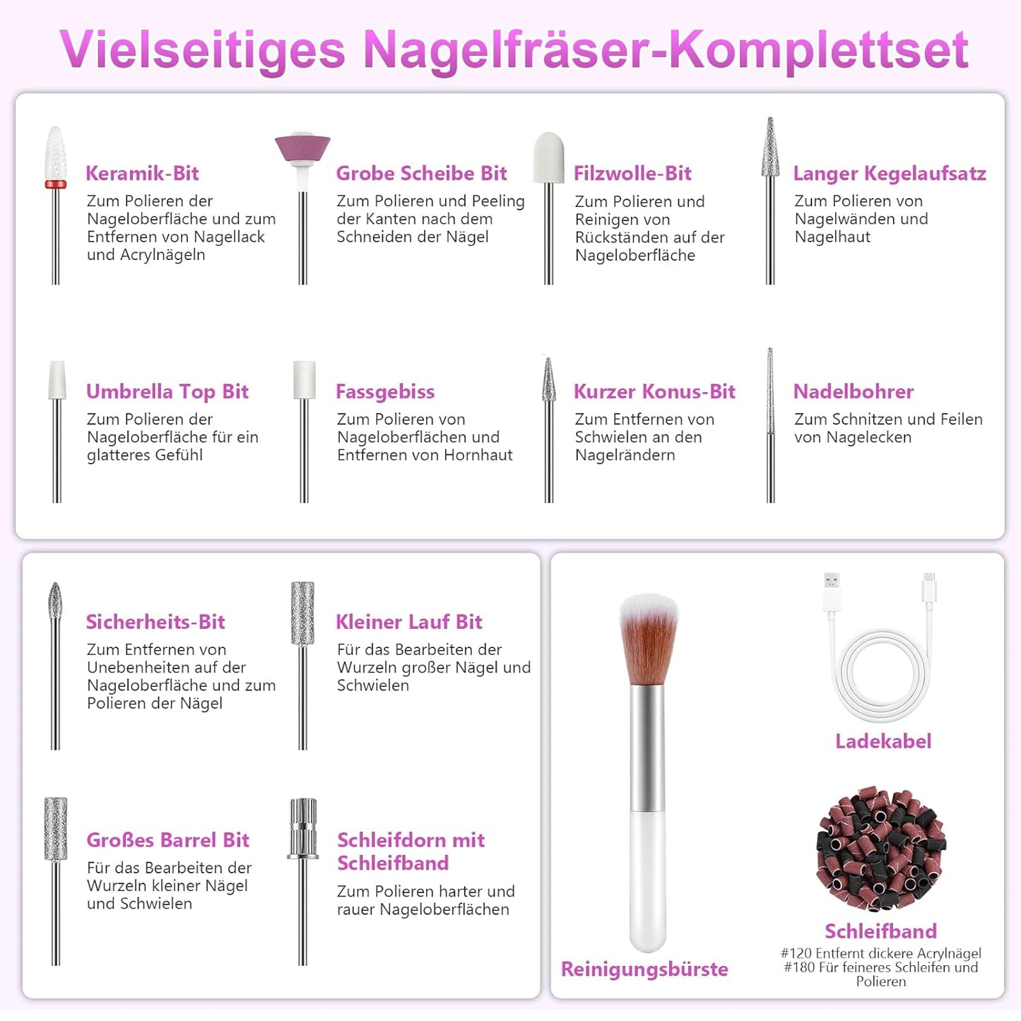 Kabelloser 12-in-1 Nagelfräser, 35000 U/Min, Rosa