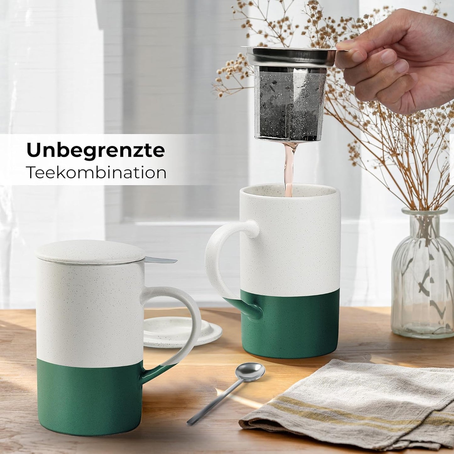 2er-Set Tee-Tassen mit Sieb und Löffel, Dunkelgrün