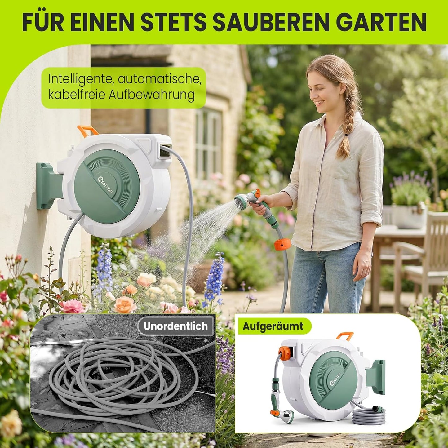 Schlauchtrommel mit automatischem Rücklauf, Grün & Orange 30M