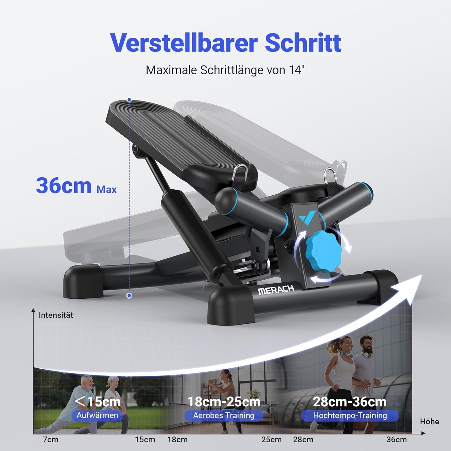 2-in-1 Mini-Stepper mit LCD-Monitor und Power Ropes, blau-schwarz