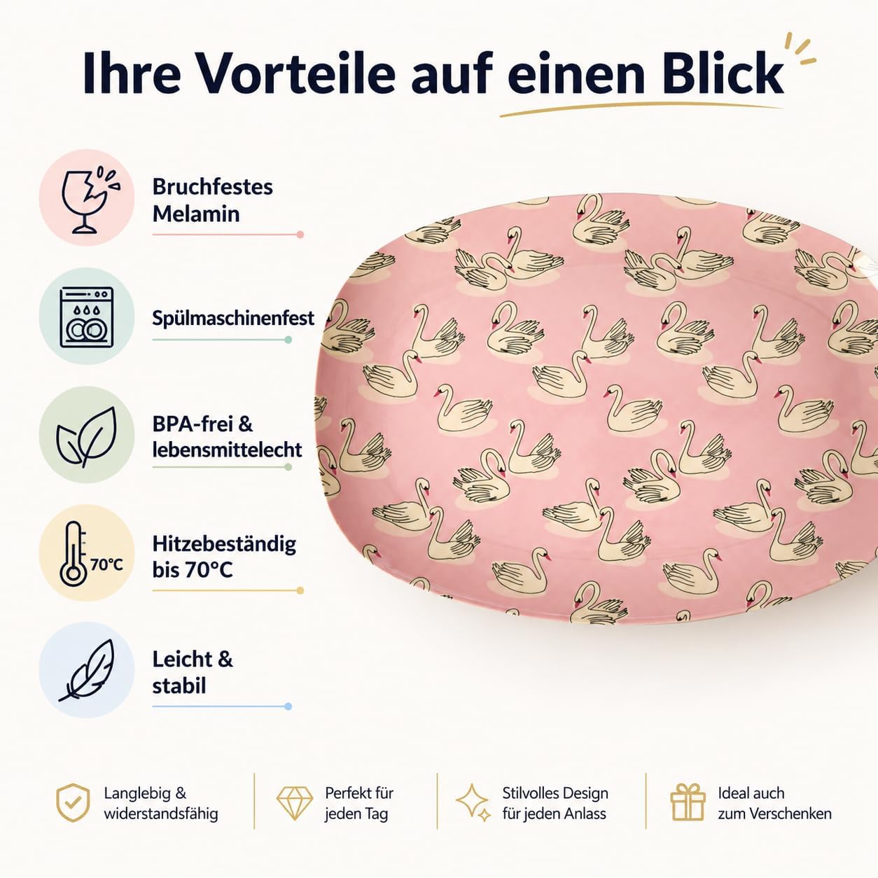 Ovaler Melaminteller mit Schwanenmotiv 30 cm, Tablett