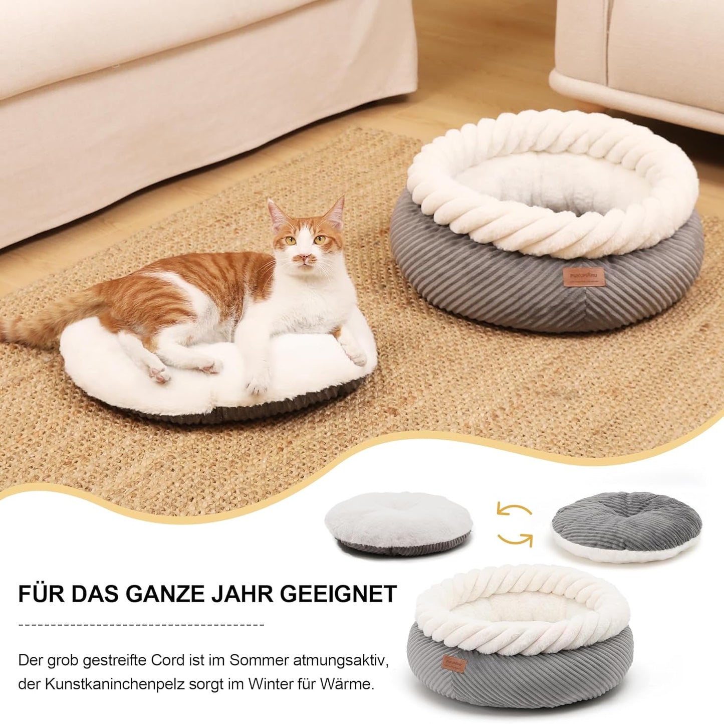 Waschbares Katzenbett mit erhöhtem Rand, rutschfest, L 55 x B 55 x H 21 cm Grau