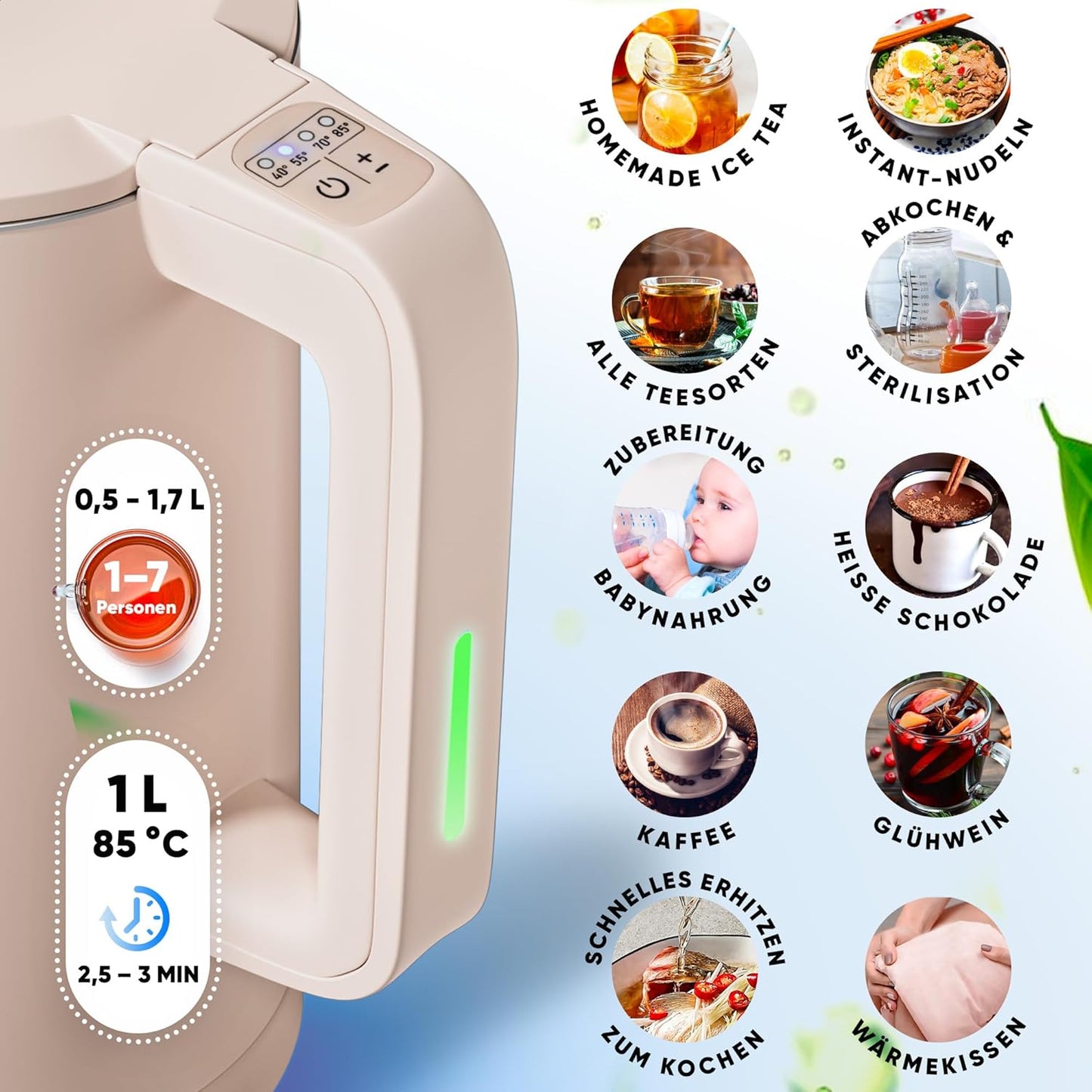 Wasserkocher mit Warmhaltefunktion und Temperatureinstellung, Beige