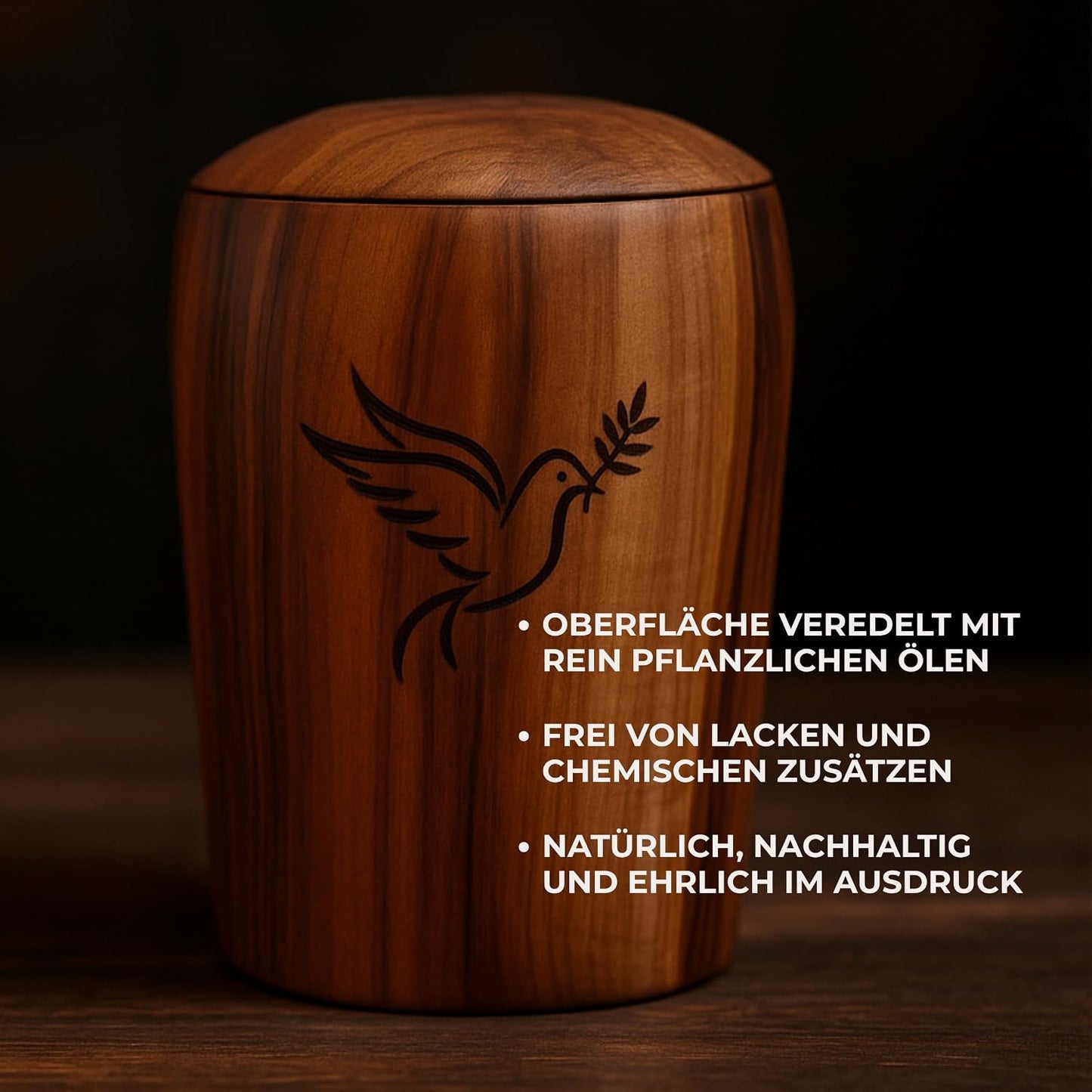 Handgefertigte Gedenkurne mit Vogelgravur, Walnuss- Taube