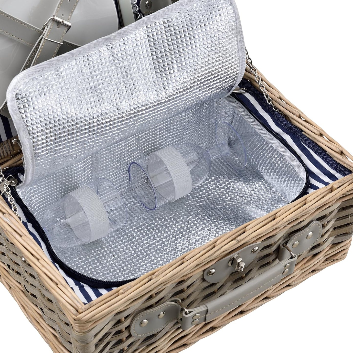 Picknickkorb-Set für 2 Personen mit Kühltasche, Blau-weiss 38 x 25 x 16 cm