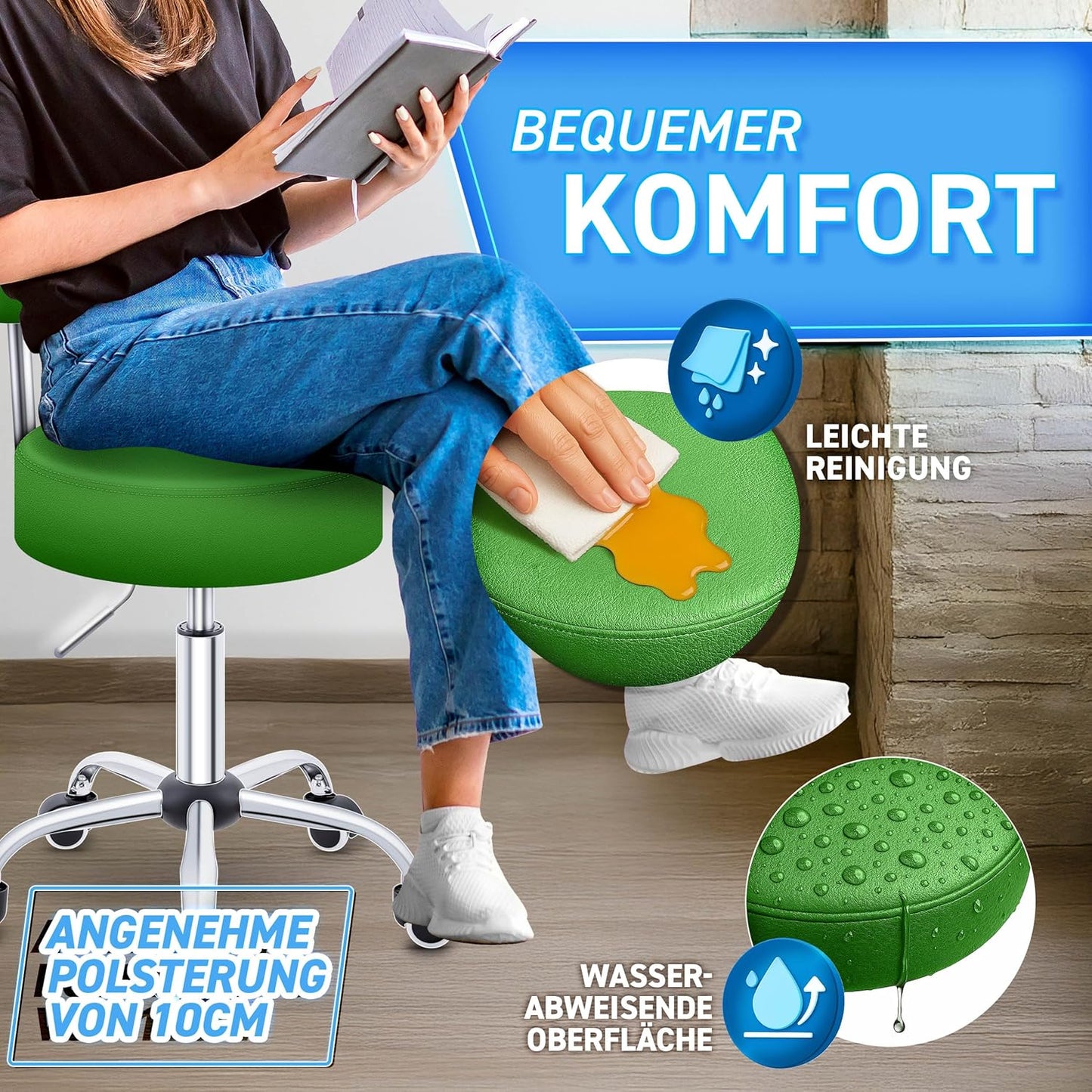 Höhenverstellbarer Rollhocker mit Lehne, Grün