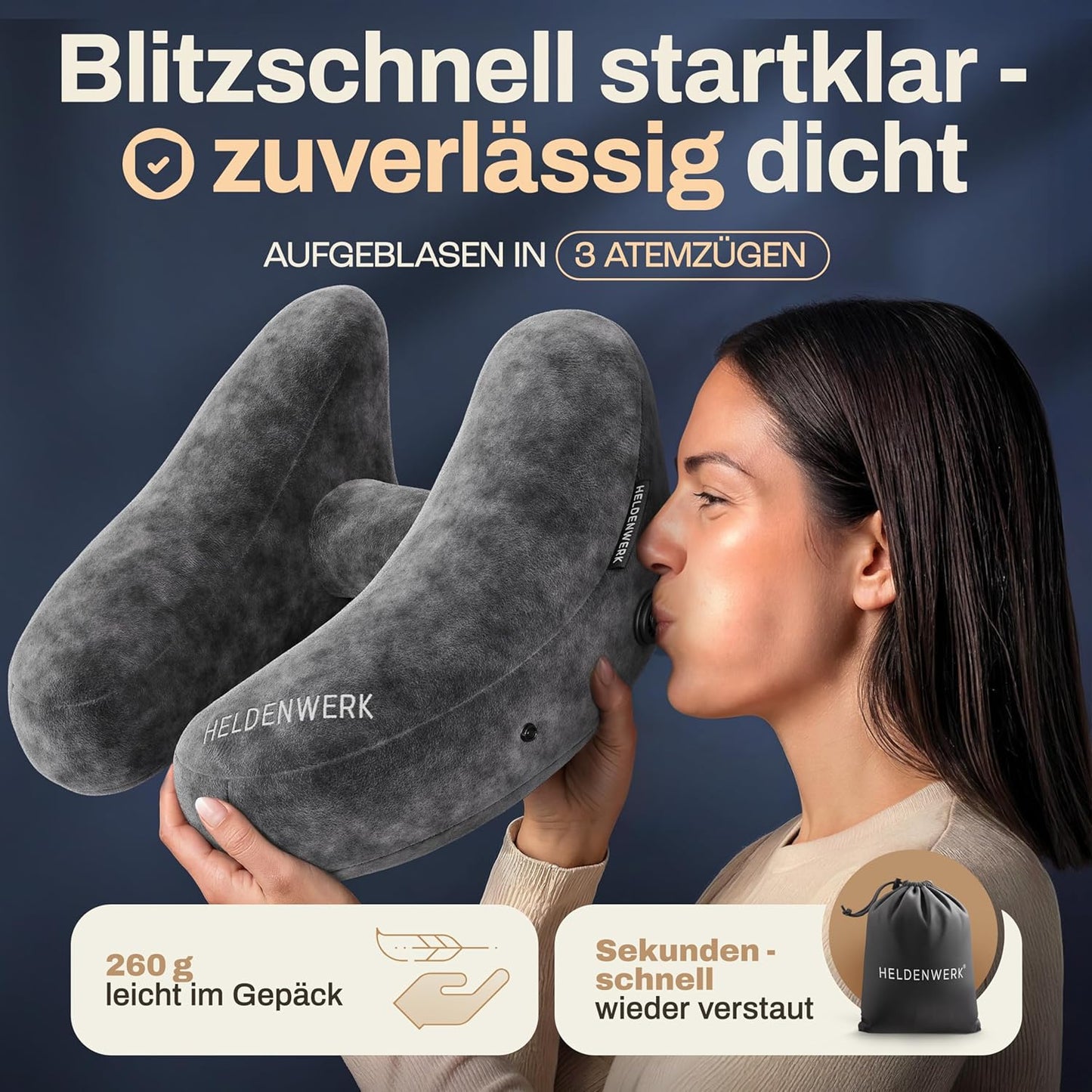 Aufblasbares Nackenkissen mit abnehmbarer Kapuze, Grösse L, Dunkelgrau Gross - passt den meisten