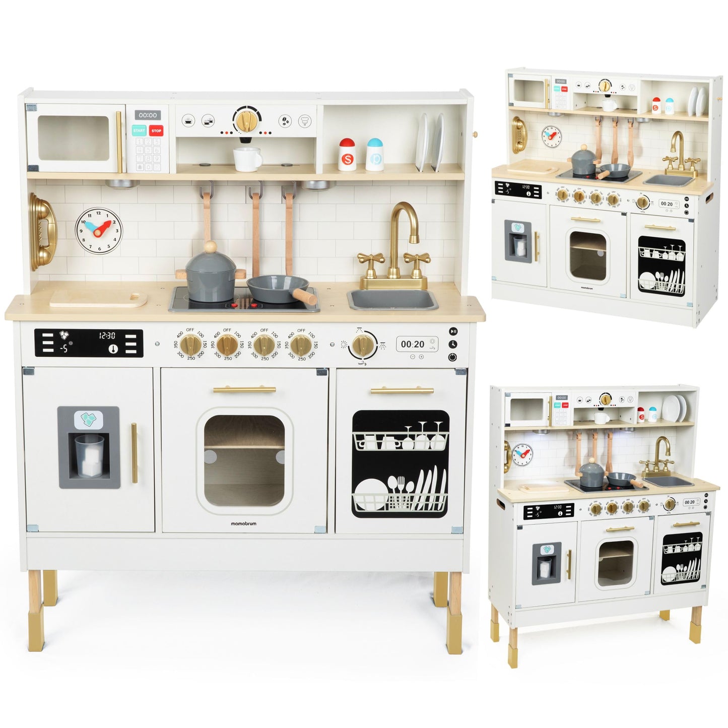 Höhenverstellbare Kinderküche mit LED, Eiswürfelbereiter, Mikrowelle, Kochfeld und Spülmaschine, Holz-kinderküche mit Led-beleuchtung