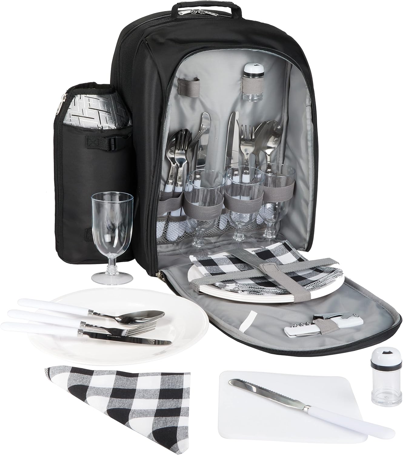 Picknickrucksack für 4 Personen inkl. Kühlfach + Iso-Flaschenhalter, Schwarz Silber - 4 Personen
