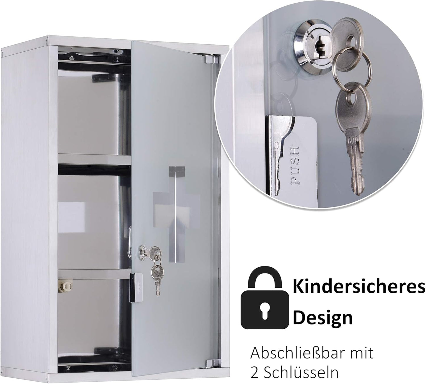 Abschliessbarer Medizinschrank mit Glastür, 3 Fächer, Silber B30 x T18 x H50 cm
