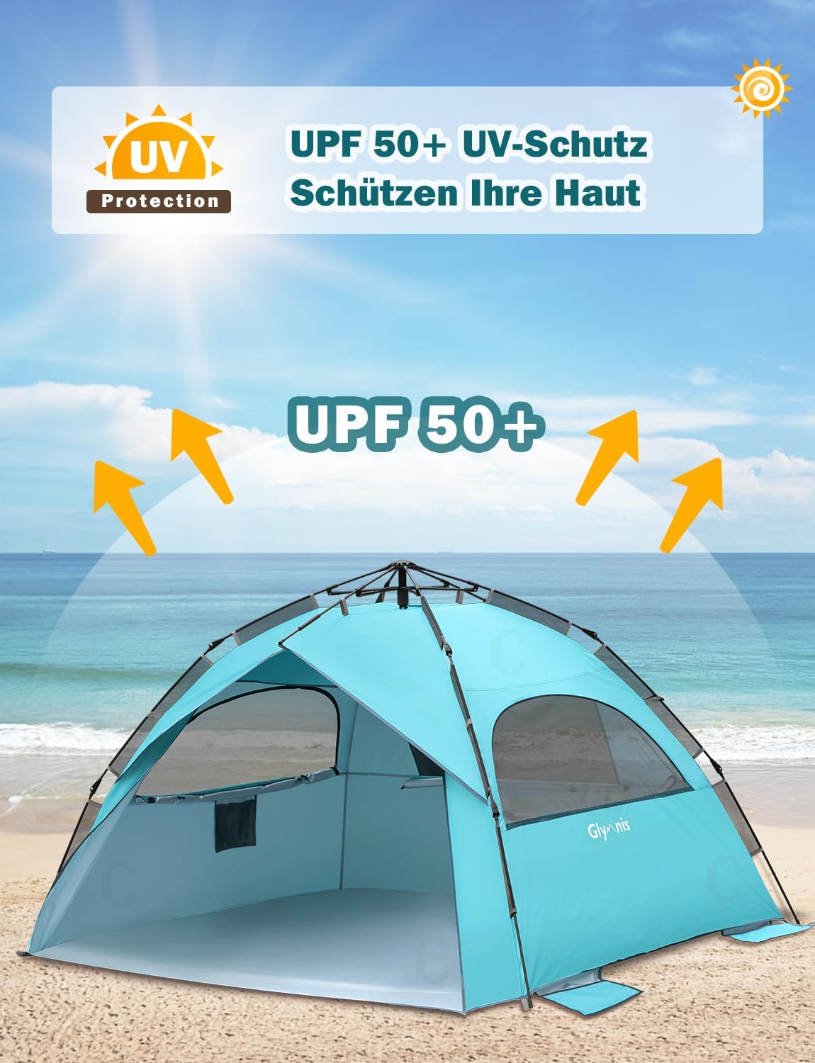 Quick-Up Strandmuschel mit UV-Schutz 50+ für 4-6 Personen, Blau mit silbernem Vinyl