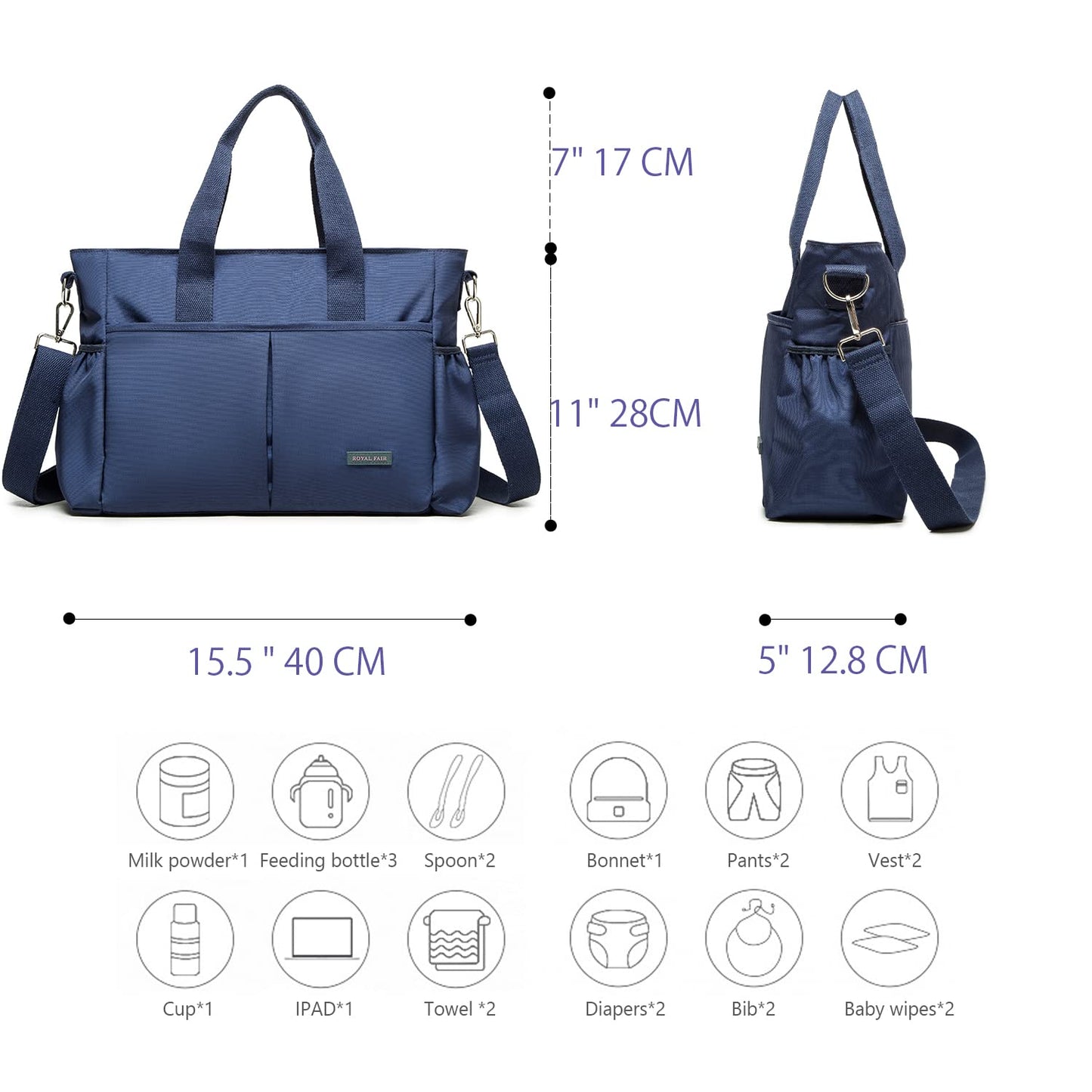Baby Wickeltasche für unterwegs mit Isoliertasche, 40 x 28 x 12.8 CM Navy Blau