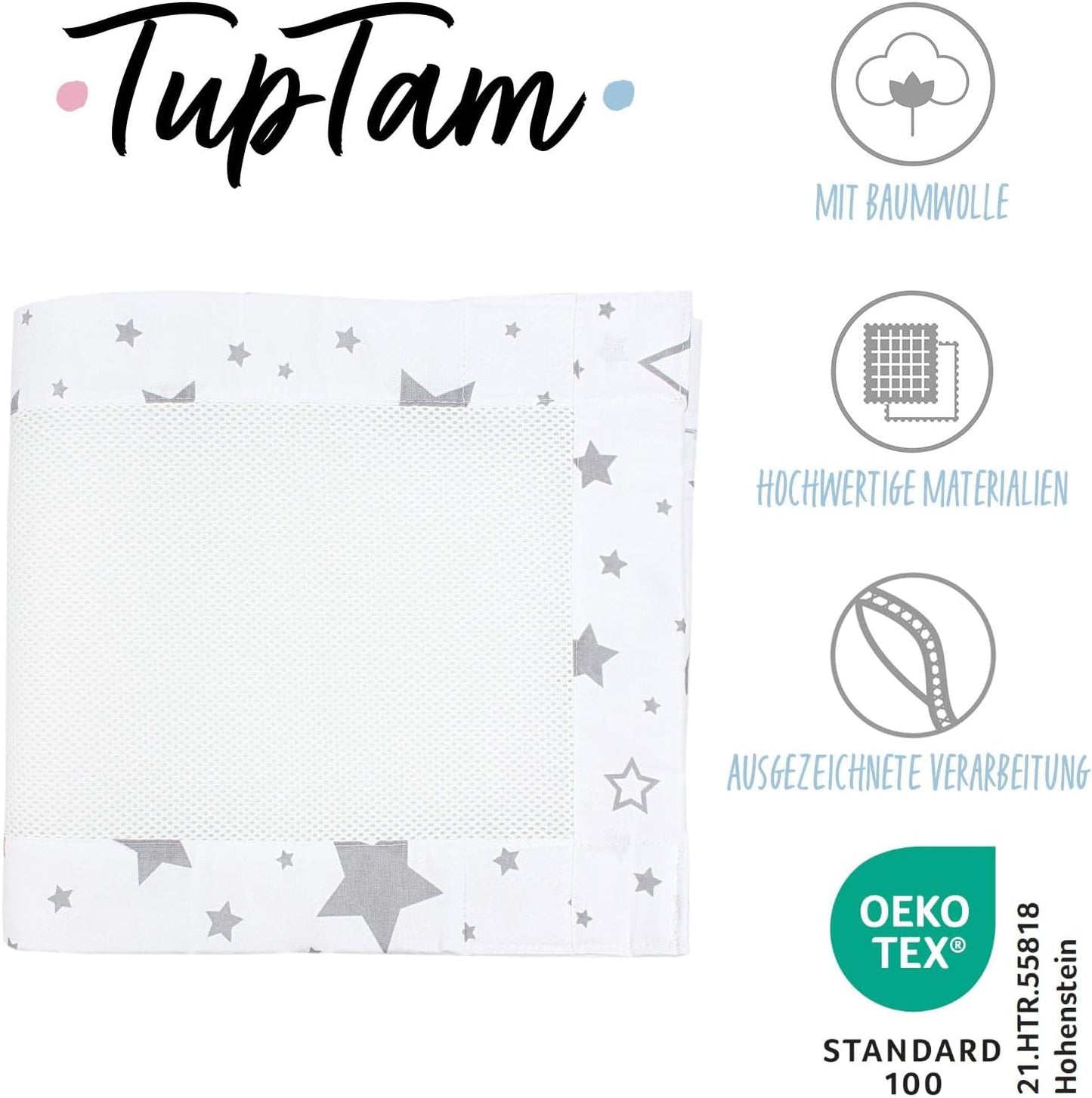 Bettumrandung Nestchen, ca. 128 x 30 cm (für Babybett 140x70) Grosse Sterne Grau/Weiss
