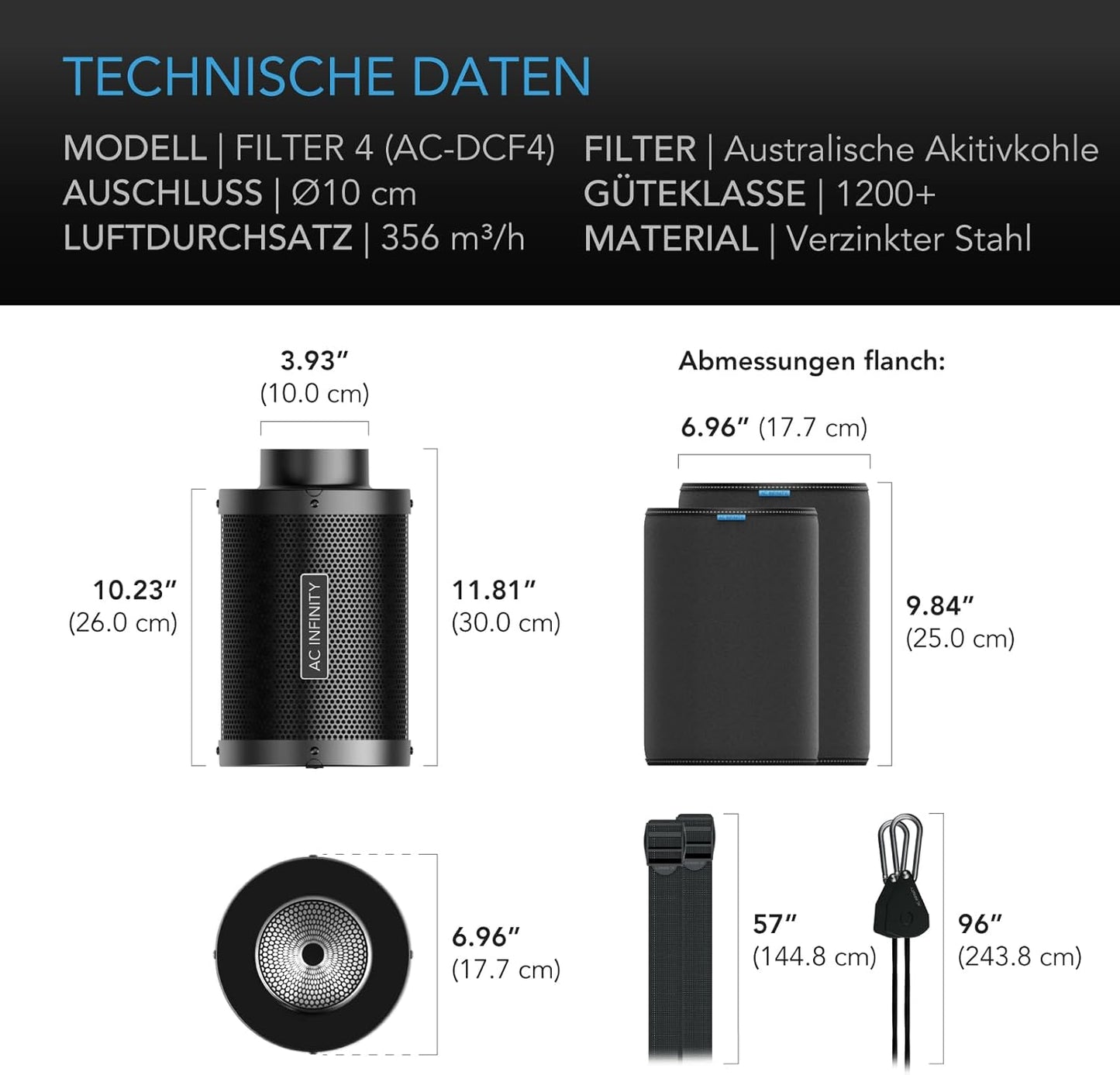 Aktivkohlefilter für Inline-Rohrventilatoren, 4-INCH