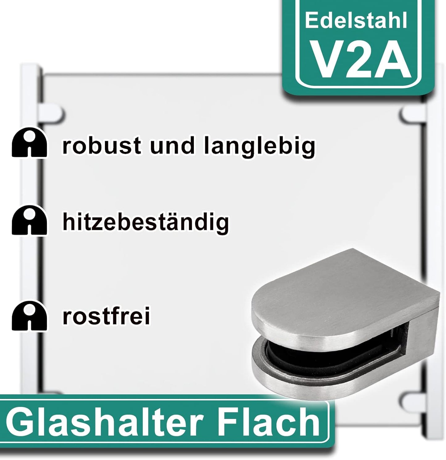 4-teiliges Glashalter-Set für Geländer, Anschluss: Flach | Glasdicke: 6 mm