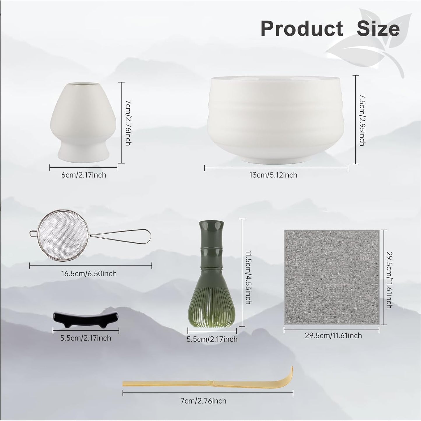 7-teiliges Matcha-Set, Flache Spitze, Mattweiß Kunststoff-Matcha-Besen, grün
